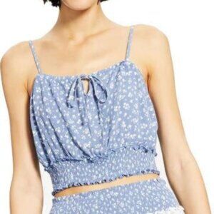 Hippie Rose Spaghetti Straps Smocked Crop Top Blouse, Size L, Denim/Ivory Floral